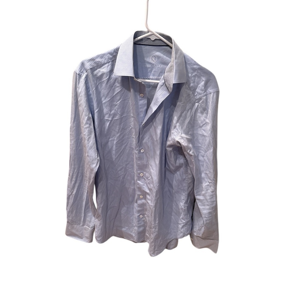 Bugatchi Men's blue and white horizontal pinstripes collared shirt